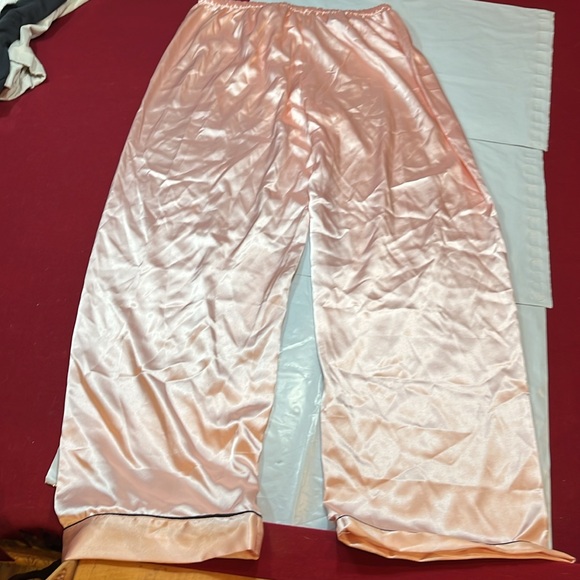 PINK satin PJ PANTS & SHORTS SET Peachy Pink black trim Stretch waist LUXURY MED - Picture 12 of 12